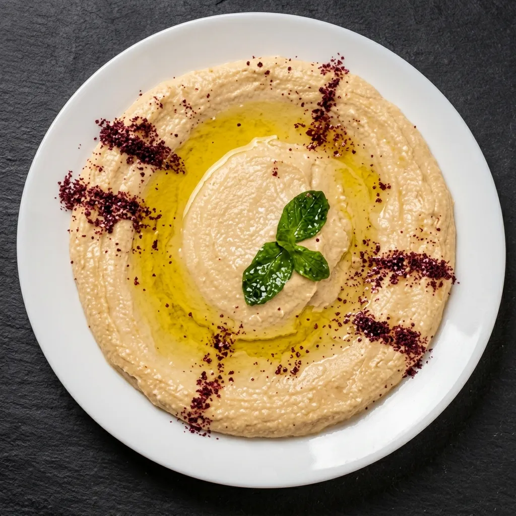 Creamy house-made hummus with olive oil at Donya Kebab, halal Middle Eastern restaurant in London, Ontario