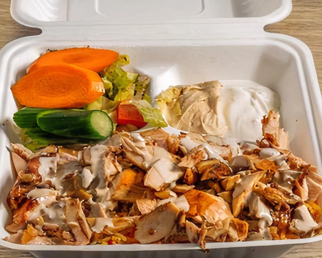 Arabic style chicken shawarma plate over rice with salad and garlic sauce at Donya Kebab in London, Ontario